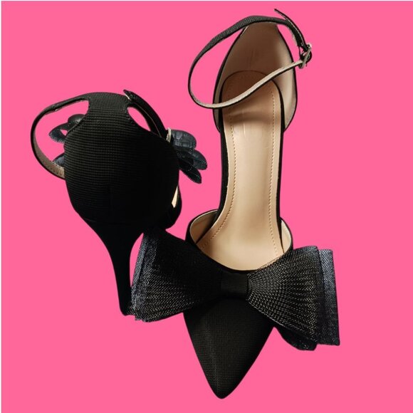 Pointed Toe Heels With Tulle Bow Detail & Ankle Strap Elegant Womens Size 37 - Picture 12 of 16